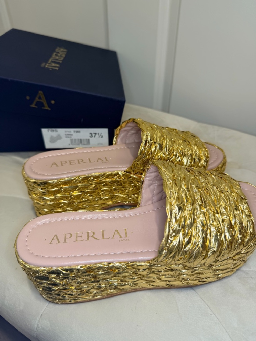 Gold Woven Platform Slide Mules with Pink Insole